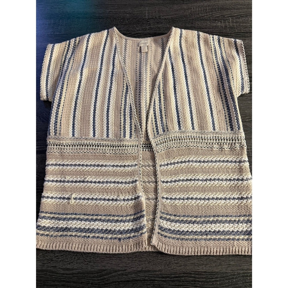 Chico's Open Front Knit Vest Neutral Stripe Short Sleeve Cotton Blend Size 2 - Picture 3 of 7